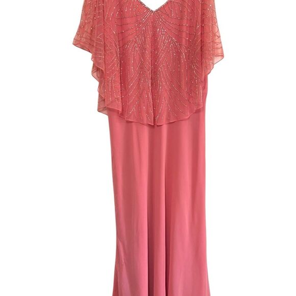 NWT J Kara Women's Geometrical Capelet Beaded Maxi Dress Coral v neck sz 18‎ - Picture 3 of 13